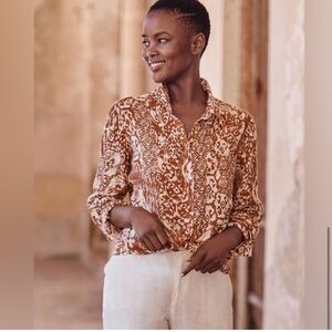 Garnet Hill Easy Linen Button Down Shirt Burnt Orange Ikat Print XS‎ NWT